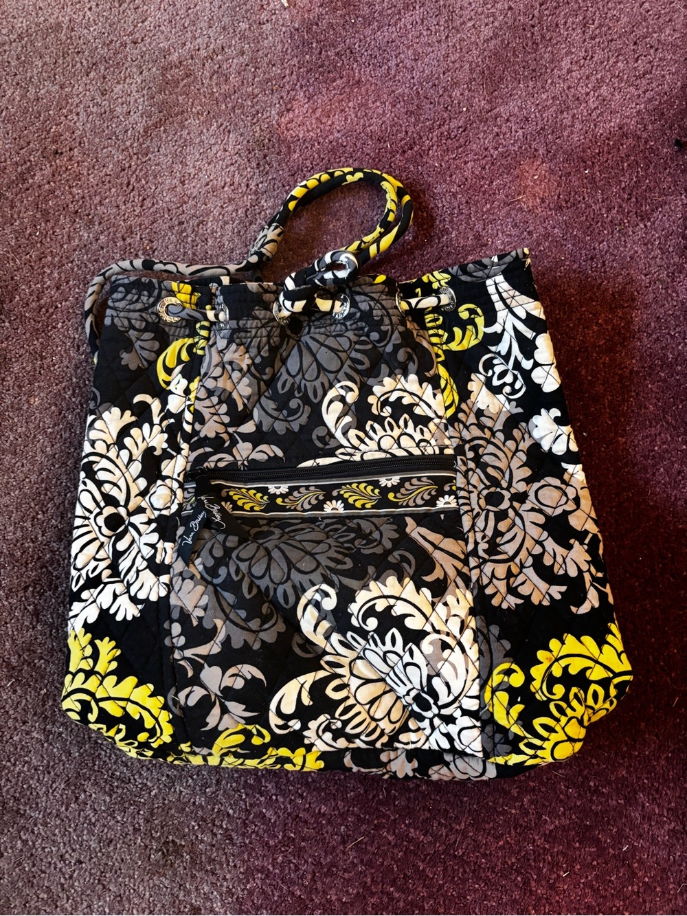Vera Bradley Quilted Floral Drawstring Tote Bag in Black, Gray & Yellow